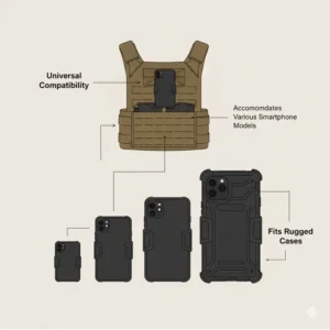 Diagram illustrating the universal size compatibility of the phone holder for plate carrier, accommodating various smartphone models and rugged cases.