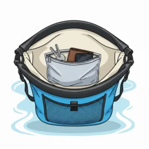 View of the small, zippered internal pocket within the waterproof beach backpack for storing valuables.