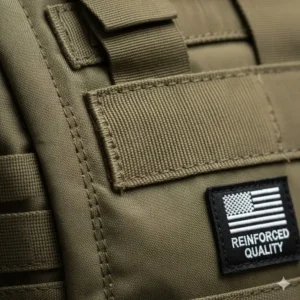 Extreme close-up of reinforced stitching and bar-tacks on the tactical backpack made in usa, highlighting durability.