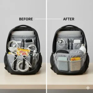 A comparison showing a messy, unorganized backpack interior next to the same bag neatly organized using a storage backpack insert.