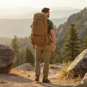 : A male model wearing the medium-sized coyote backpack while hiking to show scale and fit.