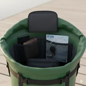 The interior view of a fishing dry bag featuring mesh pockets for organizing phone, keys, and fishing license.