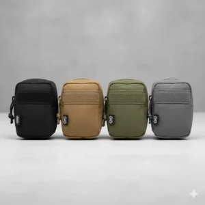 Display of the small molle admin pouch available in multiple colors, such as tan, OD green, and black.