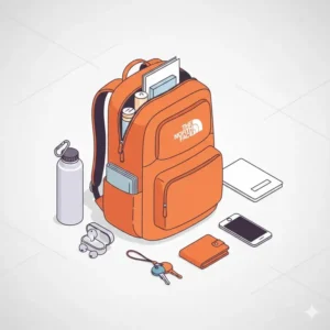A flat-lay of an orange backpack north face with everyday urban commute essentials.