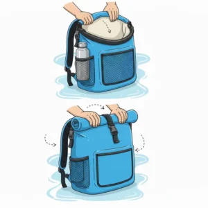 Close-up demonstrating the roll-top method to properly seal the waterproof beach backpack for full protection.