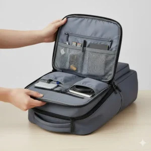 Detail shot highlighting the various internal and external organizational pockets, zippers, and compartments on the multi-functional backpack insert.