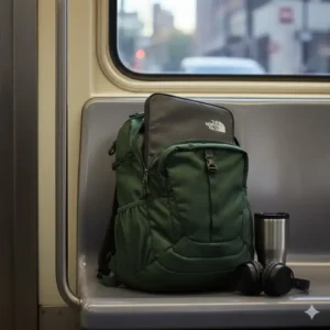 A professional commuter holding a dark green north face backpack on a city train.