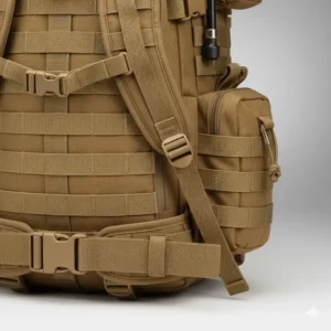 Close-up of adjustable sternum strap, waist belt, and side compression straps on the coyote backpack to stabilize the load.