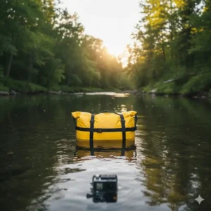 A fully sealed fishing dry bag floating on the water surface to demonstrate buoyancy and air-tight protection.
