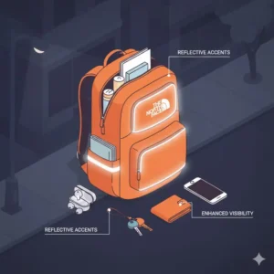 High-visibility reflective accents glowing on an orange backpack north face at night.