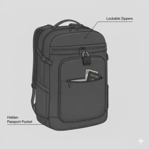 Hidden anti-theft pockets and zippers on the best backpack for minimalist travel.