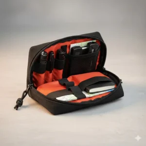 The small molle admin pouch filled with typical essential gear like a small flashlight, pen, multi-tool, and notebook.