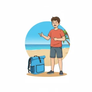The size comparison of the waterproof beach backpack next to a person, showing it is perfect for a day trip.