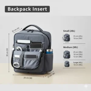 A graphic illustration showing the exact dimensions and different size options for the backpack insert to help users choose the right fit for their bag.