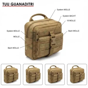 Diagram illustrating the MOLLE webbing system and how to securely attach the tactical admin pouch to a vest or pack using the PALS straps.