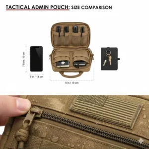 Detailed internal shot of the open admin pouch, showing multiple elastic loops, mesh pockets, and divider sleeves designed for organizing small EDC items and tools.