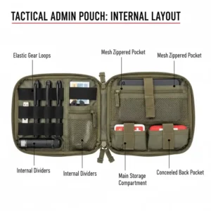 Illustration showing a size comparison of a standard tactical admin pouch next to common items like a smartphone and a small notebook, highlighting its compact dimensions.