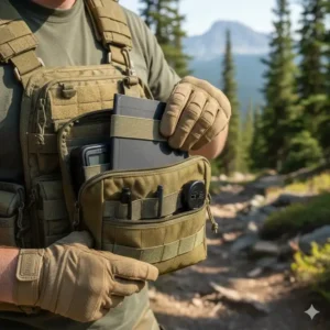 Image demonstrating a user accessing their essential navigation gear and writing tools stored securely within the tactical admin pouch while outdoors.