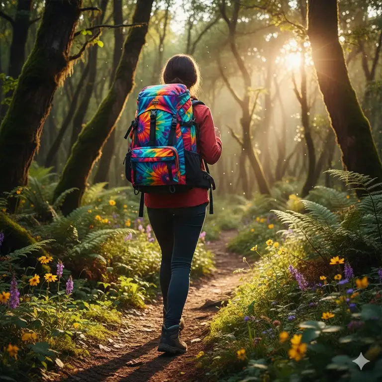 A vibrant multicolor backpack with a geometric pattern being worn by a hiker on a forest trail.