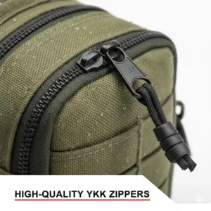 Focused image on the robust, self-healing YKK zippers and durable paracord pulls of the tactical admin pouch, emphasizing reliability and easy access.