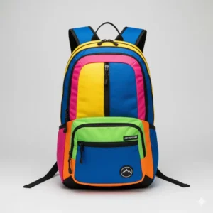 Front view of a durable multicolor backpack featuring adjustable straps and bright color-block panels.
