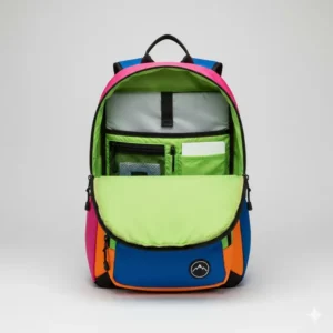 Open interior of a multicolor backpack showing a padded laptop sleeve and organized storage compartments.