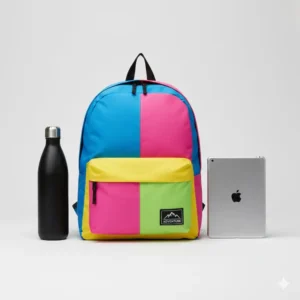 A medium-sized multicolor backpack placed next to a standard tablet and water bottle for scale.