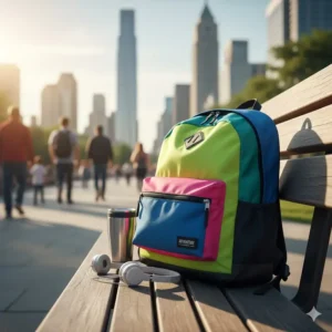 A stylish multicolor backpack resting on a city bench, highlighting its modern aesthetic for daily commuters.