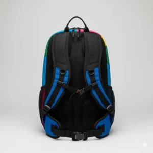 Rear view of a multicolor backpack showing breathable mesh padding and ergonomic shoulder straps.