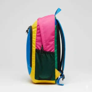 Side profile of a slim multicolor backpack showing the reinforced mesh side pocket for water bottles.