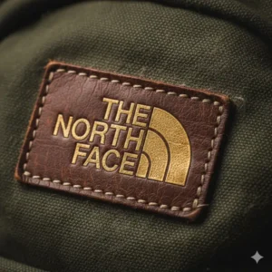 Illustration 1: Close-up of the authentic brown label stitched onto a classic vintage north face backpack.