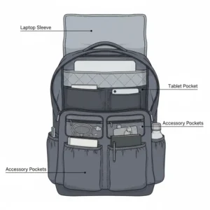 Detailed illustration of the internal compartments and organization of a minimalist backpack