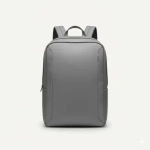 Front view of a grey minimal backpack with a clean aesthetic and hidden zippers.