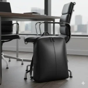 A sleek black leather backpack for work leaning against a modern office chair, showcasing a professional business aesthetic.