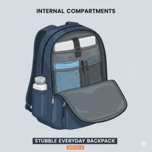 Detailed internal view of the compartments available in the stubble everyday backpack specials.