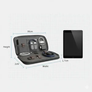 A diagram showing the height and width dimensions of a compact travel tech organizer compared to a tablet.