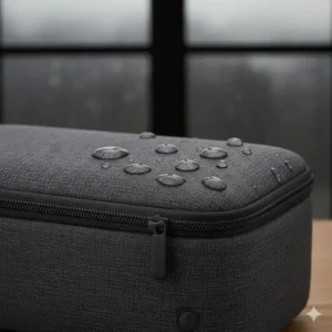 Close-up of the water-resistant fabric of a gray tech organizer travel case with water droplets on the surface.