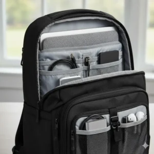 Interior view of the Aer City Pack Pro, one of the best edc bags for men, showing a padded 16-inch laptop sleeve and tech organization pockets.