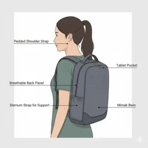 Illustration showing the ergonomic shoulder straps and back support of a minimalist backpack