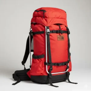 Illustration 2: A red vintage north face backpack featuring an early internal frame design for hiking.