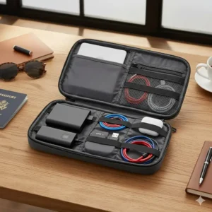 Interior view of a tech organizer travel case showing elastic loops and mesh pockets for organized cable management.