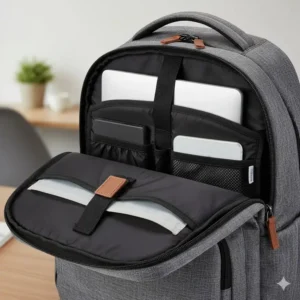 Close-up illustration of a padded laptop compartment in a work backpack, highlighting protection for a 15-inch MacBook.