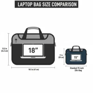 A technical drawing showing the large scale and dimensions of a laptop 18 bag.