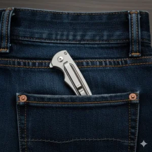 Close-up of a slim pocket knife deep carry clip attached to a denim pocket.