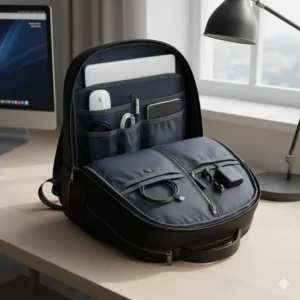 Detailed view of a tech-focused interior from the best mens luxury backpacks category.