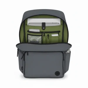 An illustration highlighting the padded protective laptop sleeve inside the best minimalist backpack.