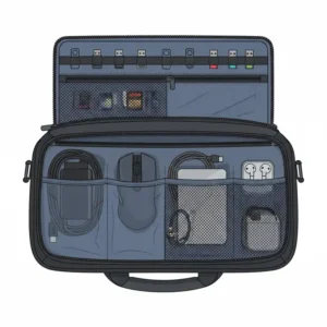 Close-up of the organized accessory pockets in a laptop 18 bag for chargers and mice.