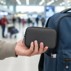 A hand holding a compact tech organizer travel case to demonstrate its portable size for travel.