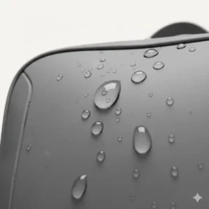 Close-up illustration of water droplets beads on the fabric of a waterproof minimal backpack.