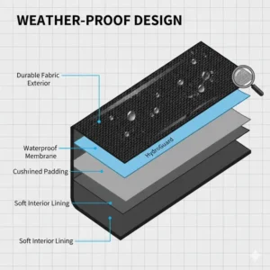 A cross-section illustration of the water-resistant layers used in a high-quality travel tech organizer.